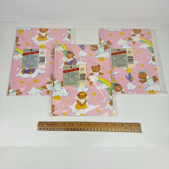 Vtg Pink Rainbow Clouds Stars Sun Teddy Bears Baby American Greetings Gift Wrap - Picture 1 of 6